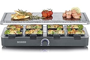 SEVERIN Raclette con piedra natural, parrilla reversible con superficie de piedra y 8 sartenes antiadherentes, parrilla eléctrica para 8 personas, máx. 1400 W, negro, RG 2372