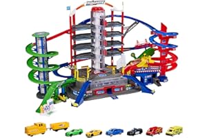 Majorette Super City garaż, zmotoryzowana kolejka do modeli samochodów z parkingami i koleją, domek parkingowy do samochodów die-cast, zabawka jako prezent dla chłopców i dziewczynek, od 5 lat, wielokolorowy