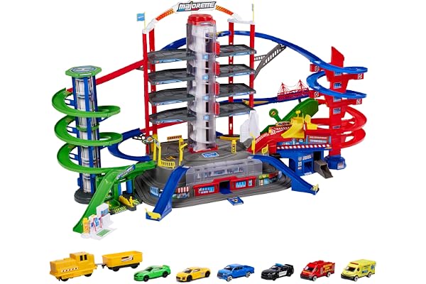 Majorette - Super City Garage - Train Motorisé - 7 Niveaux de Jeu avec 2 Ascenseurs Automatisés - Pompier + Police + Héliport - 35 Places de Parking - 6 Véhicules Inclus - 212059989