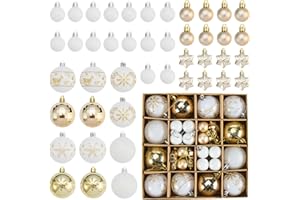 HONPRODU 44 Piezas Bolas Arbol de Navidad, Juego de Bolas de Navidad, Adornos para Arbol de Xmas, Christmas Ball,Decoracion de Vacaciones Hogar, para Fiesta, Blanco y Oro