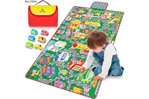 beetoy Spielteppich Kinderzimmer 80x150cm, Autospielmatte mit 6 Autos, Große Bahnmatte Reisespielzeug, Pädagogischer Straßenteppich für Boden, Spielzimmer, Spielbereich
