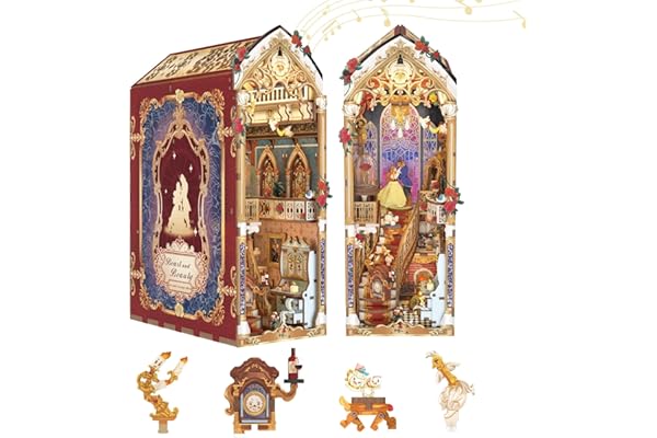 Tonecheer Book Nook Kit de Puzzle 3D en Bois à Faire soi-même pour Adultes - Coin de Lecture- Maison Miniature - Décoration de bibliothèque avec Housse Anti-poussière et lumières LED(Bête et Beauté)