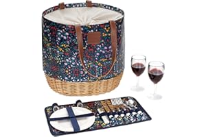 WILLOW WEAVE Portable Picnic Basket Set with Service for 2, Sturdy Woven Base & Canvas Picnic Beach Tote Bag with Drawstring Closure & Insulated Lining, for Outdoor Events, Shopping - Blue Floral