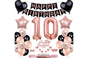 CNROSE Decoration 10th Birthday Girl Rose Gold Black Decoration Set Cake Decoration 10th Birthday Girl Boy with Banner Decoration Gift 10th Balloons 10th Birthday Decoration Number 10 Balloons for 10th