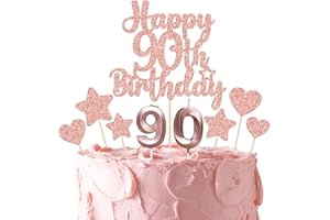 Gyufise 15Pcs Happy 90th Birthday Cake Topper Set with Heart Star Glitter Cheers to 90 Years Cake Picks Number 90 Candles Cake Decorations for Happy 90th Birthday Anniversary Party Supplies Rose Gold