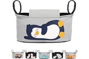 GLÜCKSWOLKE Kinderwagen Organizer - 12 Motive I Kinderwagentasche verschließbar I Kinder Buggy Tasche mit Feuchttücherspender I Baby Zubehör Stroller Bag I Aufbewahrungstasche (Pia Pinguin I Grau)