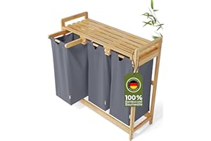 AMBIAVO® Wäschekorb 3 Fächer [blaugrau, 100% Baumwolle, Bambus, 90 l Volumen] | Wäschesammler für Schmutzwäsche| Wäsche Sortiersystem | Wäschesortierer Holz | Wäschebox | laundry baskets