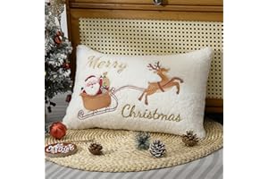 Lewondr Christmas Throw Pillow Cover, 1 PCS 12 x 20 Inch Cute Santa Claus Reindeer Sleigh Embroidery Throw Pillow Case Luxury Soft Pellet Velvet Lumbar Pillow Cover For Bed Home Decor Living Room