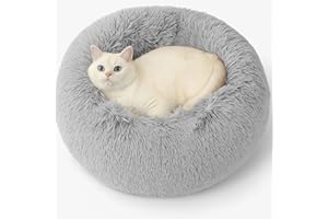 SEOUGEE Calming Donut Cat Bed, Fluffy Plush Round Dog Bed, Cosy Soft Washable Cushion Warming Pet Beds with Non-Slip Bottom, Indoor Sleeping Cuddler Nest for Cats Puppy Kitten (Grey 40cm)