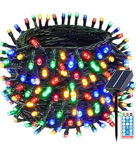 Lichtsnoer op zonne-energie voor buiten, 20 m, 200 leds, lichtketting Solar Fairy Lights met Afstandsbediening, 8 modi, timer, USB-voeding, dimbaar Solar Lichtsnoer Buiten voor balkon bruiloft kerstdecoratie (Gekleurd