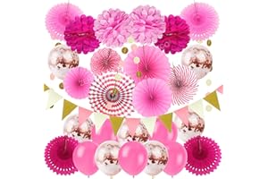 ZERODECO Party Decoration, Pink Confetti Balloons, Paper Pompoms, Hanging Fans, Triangular Bunting and Hanging Garland, Party Accessory Sets for Wedding, Baby Shower, Nursery Decor, Birthday Party