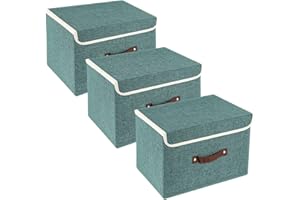 TYEERS Collapsible Storage Box with Lid, Fabric Storage Box for Clothes, Wardrobe Storage, 38x25x25 cm, Set of 3, Aqua Deep