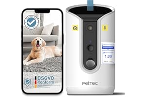 PetTec® Haustierkamera 360° und automatischer Futterspender mit Leckerliauswurf - via App & Multitaste - Bell-Erkennung - 3MP Nachtsichtfunktion - Hundekamera & Katzenkamera