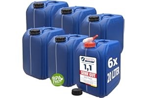 plasteo® Juego de 6 bidones de agua de 20 L, color azul, incluye tapa y 1 grifo, sin BPA, apto para alimentos, camping, para interior y exterior, fabricado en Alemania
