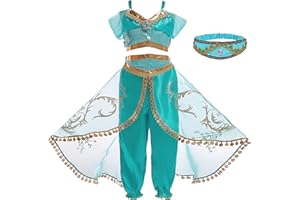 Monissy Niña Aladdin Princesa Jasmine Disfraz Tops Pantalones Manga Corta Traje Cosplay Actuación Carnaval Navidad Regalo Cumpleaños Danza Vientre Vestido de Princesa 3-10Años 110-150cm