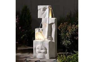 Bumilgar Garden Water Features with LED Lights,89cm Modern Resin Waterfall Fountain Outdoor,Contemporary Face Garden Water Feature for Yard, Balcony, Home Decor, Patio Fountian and Waterfalls, White