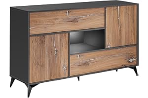 Komodee , Cassettiera Buffet Orvieto 4D Rovere/Antracite, larghezza 89 cm x altezza 149,5 cm x profondità 40 cm, LED, per soggiorno, camera da letto