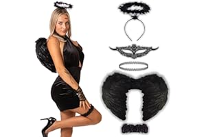 HALLOWEENMANIA 7 pcs Black Angel Costume - Halloween Costumes For Women - Adult & Teen One Size Fits All Accessories Set - 2025 Trending Fancy Dress - UK Based Brand