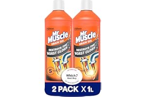Mr Muscle Drain Unblocker Liquid (2 x 1L), Sink & Drain Cleaner, Strong & Fast Acting Heavy Duty Gel Formula, Dissolves Clogs