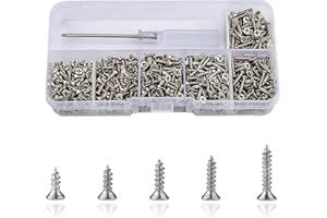 Roosea 1000 Pcs M2 Small Hinge Wood Screws 5/6/7/8/10 mm Tiny Flat Head Cross Small Wood Screws with Screwdriver for DIY Hinge Drawer Accessories(Silver)