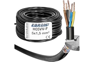 EBROM Câble H05VV-F 5G1,5 mm² - 5 x 1,5 mm² - Noir - 5 m, 10 m, 25 m et 50 m