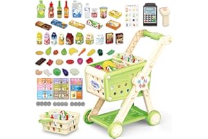 RedCrab Shopping Cart for Children with Scanner, 74 Pieces Food Pretend Play Shop Accessories, Children's Shopping Trolley Role Play Kitchen Playset for Boys and Girls from 3 Years (Green)