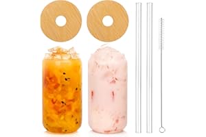 ANOTION Bicchiere da birra con coperchio e cannuccia, in bambù con copertura in vetro, 567 g, riutilizzabile, bicchiere per viaggi, ufficio, casa, ghiaccio, caffè, margarita, bibite, succhi di frutta