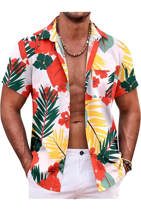 Camicia Hawaiana Uomo Maniche Corte - Floreale Tropicale Rayon Leggero - Casual Estivo Per Spiaggia