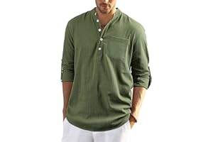Enlision Camisa de Lino Manga Larga para Hombre Camisas Informales de Verano Camisa Suelta de Ocio de Color Sólido con Botónes Top con Bolsillo