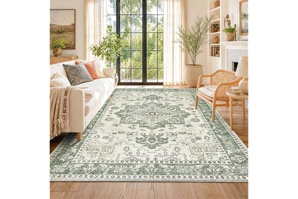 TOPICK Mjuk vardagsrumsmatta med kort lugg 200 x 280 vintage grön | Låg lugg, fluffig fin och slitstark, blommönster, nedförsbacke, vardagsrumsmatta, vuxen sovrum, kök, framför diskbänk, hall