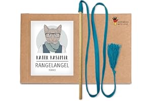 Kater Kasimir Die RANGELANGEL: Unsere Katzenangel mit Buchenholz-Stab und türkisem Baumwollband. In Deutschland von Hand und mit Liebe gefertigtes nachhaltiges Katzenspielzeug