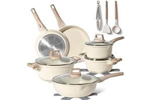 JUST PERFECTO HOUSEHOLD APPLIANCES Just Perfecto Juego de Ollas y Sartenes Cocina 15 Piezas, Batería de Cocina Antiadherentes Aluminio, para Todas las Cocinas, Incluso Inducción, Ollas Cocina con Tapas (15 Pcs Biege)