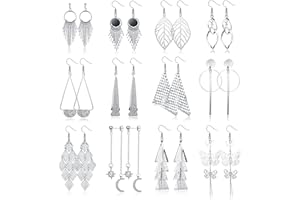 JeweBella 12 Paires Boucles d'Oreilles Pendantes pour Femmes Filles Hypoallergéniques Lot Boucles d'Oreilles Femme Argent Pompons Feuille Vague Fantaisie Boucles d'Oreilles Longue Femme