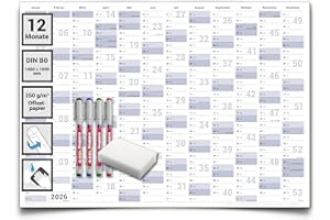 Gigatime Abwischbarer XXL Jahresplaner Wandkalender 2026. Wandplaner gerollt 140x100cm gross DIN B0 inklusive 4er Stifte-Set, Schwamm. Jahreskalender 2026, Kalender - deutsche Sprache - von Gigatime