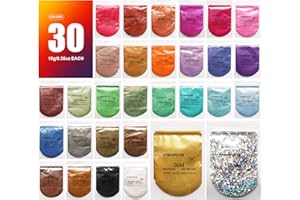 MENNYO Poudre de Mica, Colorant de Savon 30 Couleurs (10g), Pigments Résine Époxy Poudre en Mica + Poudre de Paillettes pour Bougies, Bombe de Bain, Slime, Maquillage, Vernis à Ongles, Peinture