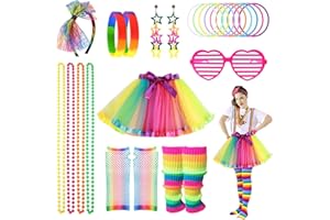 MEFOUND 80s Fancy Dress Costume Accessories Se for Women Girls Rainbow Tutu Skirt Leg Warmers Fishnet Gloves Glasses Earrings Bracelet Necklace Headband, Retro Outfit for 80s Party, Dress up Day