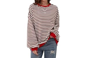 Chicrise Femme Sweat Oversize Color Block Rayé Pull Col Rond Automne Hiver Top Casual