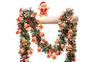 LATERN 10M Guirnalda Navideña de Oropel con Hombre de Jengibre, Rojo Verde Espumillón Metálico Guirnalda Gruesa Brillante para Árbol de Navidad Invierno Boda Cumpleaños Día Festivo Fiesta Decoración