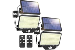AOSTOK 【2023 Mejorado】 Luz Solar Exterior Jardin detector de movimiento 2 piezas,Con mando a distancia,266 LEDs,1400LM,IP65 impermeable, ángulo de iluminación de 270°,con cable de 5m