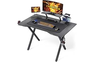 Yaheetech Mesa Gaming Ergonómico Escritorio Gaming Mesa Escritorio Ordenador Escritorio de Fibra de Carbono Impermeable con Portavasos y Portacascos con Gancho 100×60cm