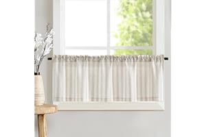 TOPICK Linen Striped Panel Curtain, Semi-Transparent Bistro Curtain, Sheer Curtain, Privacy Window Curtain for Small Windows, Kitchen, Living Room, Country House, Pack of 1, 125 W x 45 H (cm) Grey on