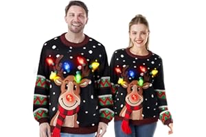 JOYIN LED Light Up Reindeer Ugly Womens Christmas Jumper Built-in Light Bulbs Red Black Blue Xmas Long Sweater Top (S-XL)