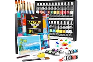 Gifort Set di Colori Acrilici per Dipingere - 39 Colori da 24x22ML con 10 Pennelli per Dipingere Acrilico, Tavolozza a Forma di Fiore Inclusa