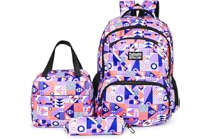Eucomir Sac a Dos Scolaire Grand Sac avec Sac à Déjeuner et Trousse à Crayons,Cartable Fille Garcon Primaire Enfant,Sac de Voyage pour l'école, Les Loisirs,3 Pcs Sacs à Dos Violet