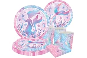CANCJ 50 Teile Meerjungfrau Partygeschirr Set,Meerjungfrau Geburtstag Geschirr Party Deko mit Papier Teller Becher Servietten für Meerjungfrau Party Kindergeburtstag Meerjungfrau Partyzubehör Dekoration Set