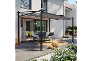 Avril Paris Tonnelle Pergola Murale en Aluminium 3x4m Anthracite - Toile en Polyester Coulissante Rétractable Grise - Pergola Jardin Exterieur - Résistante aux UV - Lisboa