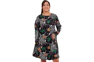 Love My Fashions® Womens Halloween Sugar Skull Cat Ghost Scary Pumpkin Printed Long Sleeves Round Neck Party Skater Swing Mini Dress for Women Ladies Halloween Costumes for Adult