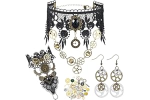 Sinmoe Set de Accesorios de Steampunk de Mujer Gargantilla Gótica de Encaje Pulseras Encaje Steampunk Pendientes de Steampunk Engranajes de Manualidad Joyas de Steampunk de Disfraz Halloween Carnaval