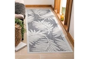 payé Outdoor Teppich Wetterfest - 80x150cm Läufer - Grau Weiß - Pflanzen Muster - Teppiche für Terrasse Balkon Garten Indoor