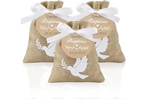 GEBETTER 20Pcs Sachet Jute 20Pcs Etiquette Baptême Pochette Dragée Motif Colombe Cadeau Invité Décoration pour Baptême avec Ruban